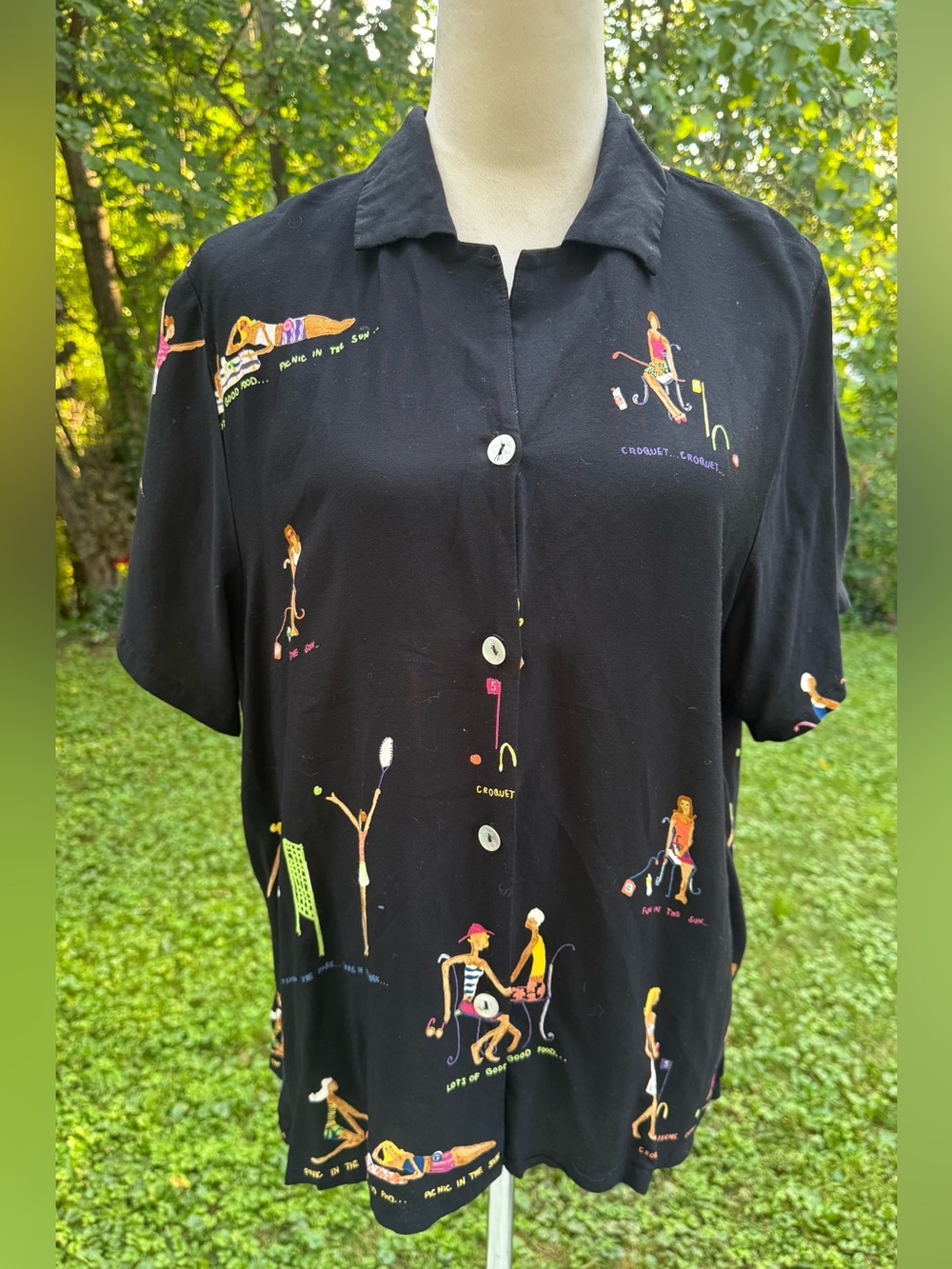 David Dart Vintage Black Short Sleeve Button Down Shirt XL Novelty Print